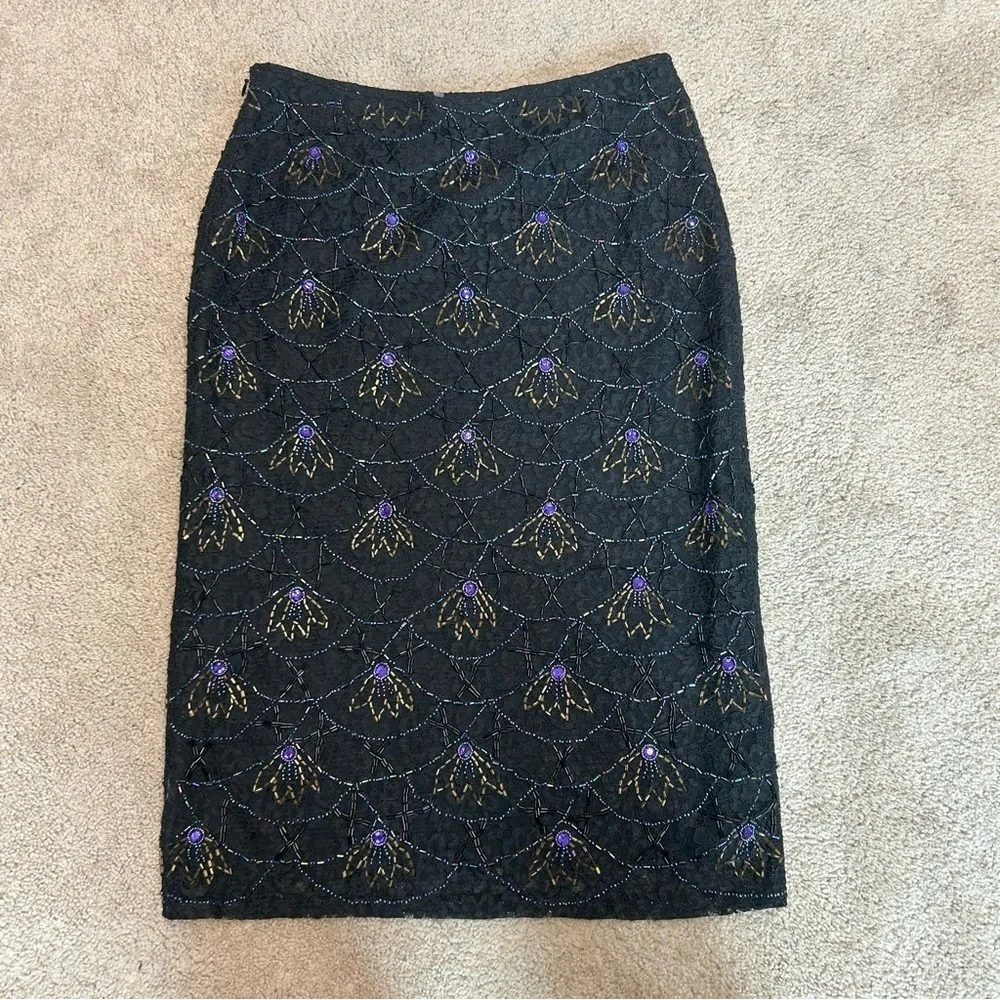 Press & Bastyan black purple beaded lace midi pencil skirt Sz 10